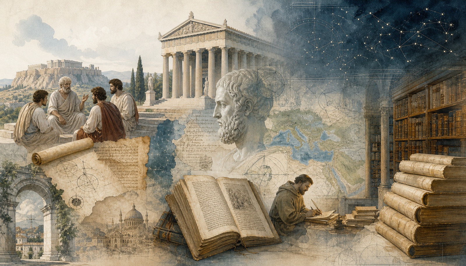 Collage con templos, manuscritos, mapas, libros y un busto clásico que simboliza la transmisión del legado griego.